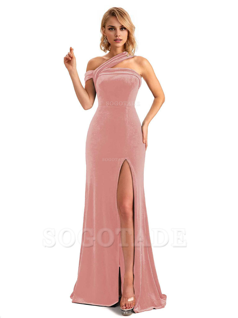 Sexy Mermaid Asymmetric Velvet Side Slit Long Bridesmaid Dresses