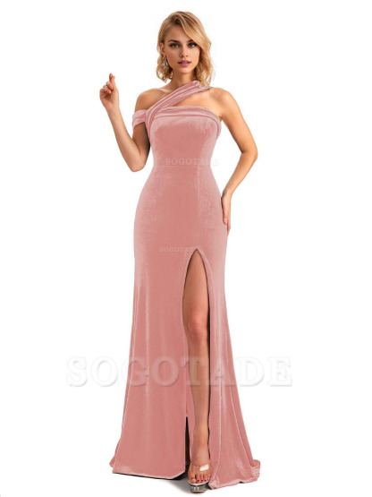 Sexy Mermaid Asymmetric Velvet Side Slit Long Bridesmaid Dresses