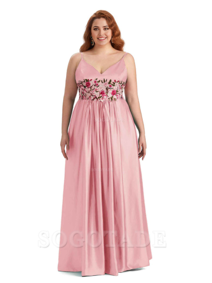 Unique Lace Spaghetti Straps Sleeveless Soft Satin Long Plus Size Bridesmaid Dress For Wedding