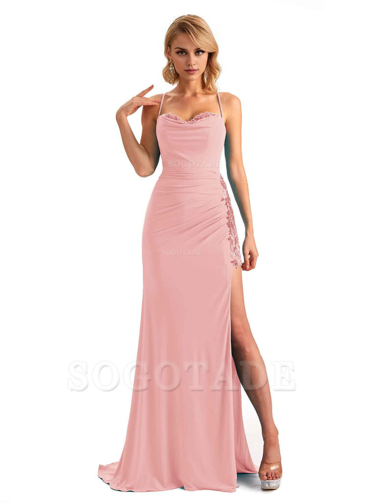 Mermaid Spaghetti Straps Side Slit Lace Stretchy Jersey Long Formal Bridesmaid Dresses