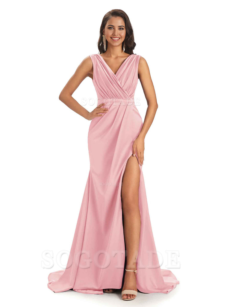 A-line V-neck Floor-Length Satin formal dresses evening gown Bridesmaid Dresses With Side Slit 