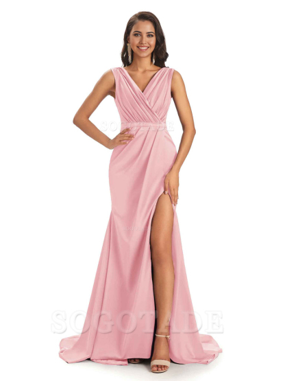 A-line V-neck Floor-Length Satin formal dresses evening gown Bridesmaid Dresses With Side Slit 