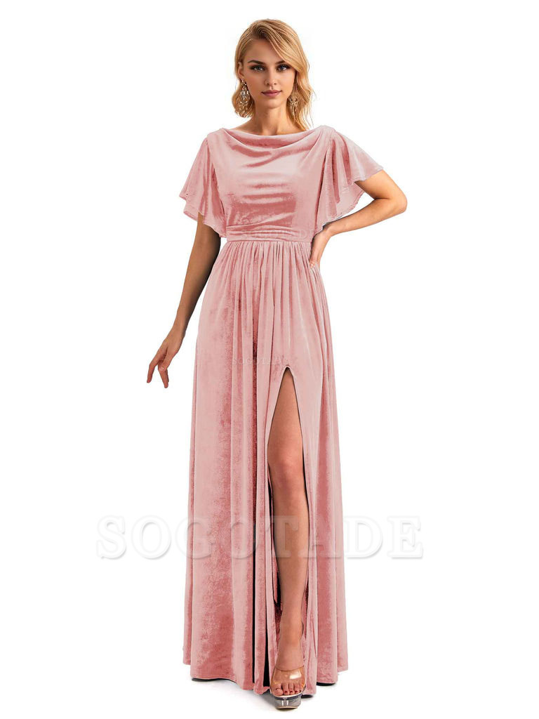 Elegant A-Line Jewel Bat Sleeves Velvet Side Slit Long Bridesmaid Dresses