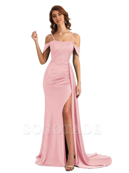 Sexy Side Slit Cold Shoulder Mermaid Satin Chic Long Wedding Guest Dresses