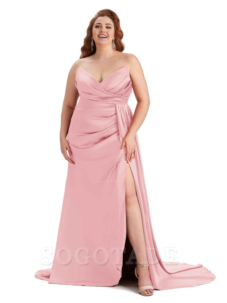 Sexy V-neck Side Slit Sleeveless Mermaid Soft Satin Long Plus Size Bridesmaid Gowns