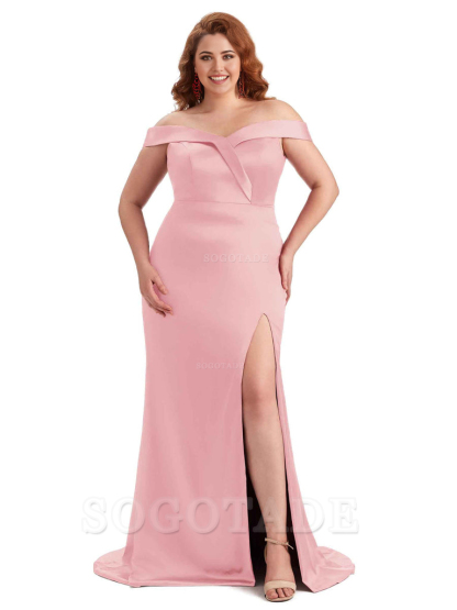 Elegant Off The Shoulder Sleeveless Side Slit Mermaid Soft Satin Long Plus Size Bridesmaid Gowns