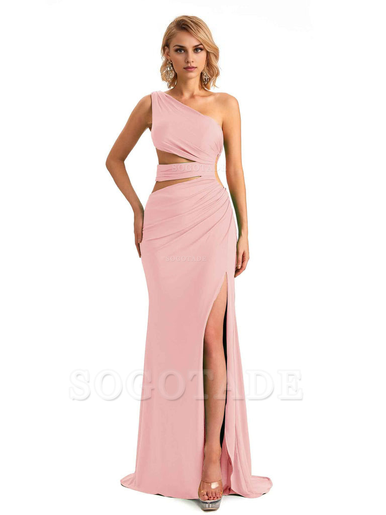 Elegant Mermaid One Shoulder Side Slit Stretchy Jersey Long Formal Bridesmaid Dresses