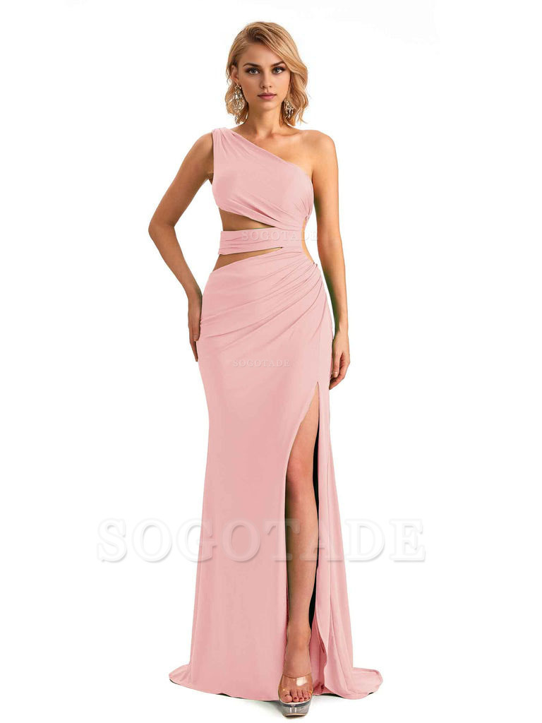 Elegant Mermaid One Shoulder Side Slit Stretchy Jersey Long Formal Bridesmaid Dresses