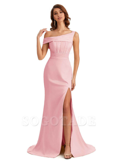 Elegant Asymmetrical Neck Soft Satin Side Slit Long Mermaid Bridesmaid Dresses