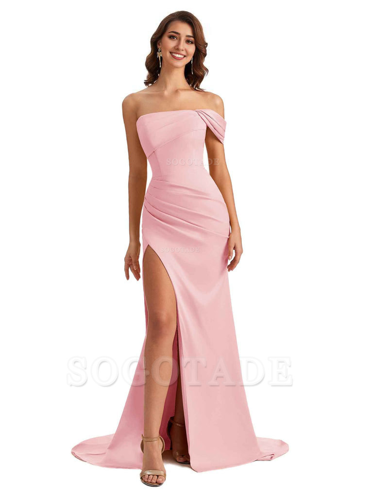 Unique One Shoulder Side Slit Satin Long Formal Dresses For Bridesmaid Dresses