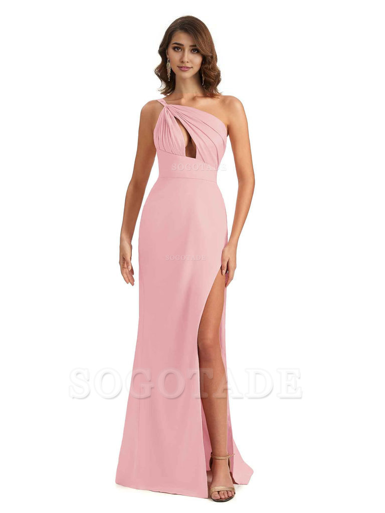 Sexy One Shoulder Silky Satin Unique Long Ladies Bridesmaid Dress For Wedding