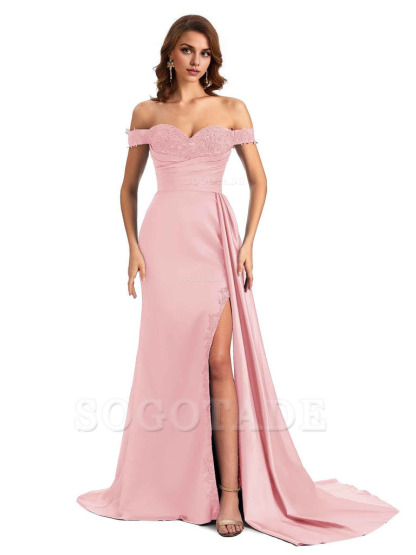 Sexy Off The Shoulder Mermaid Side Slit Silky Satin Long Bridesmaid Dress For Wedding