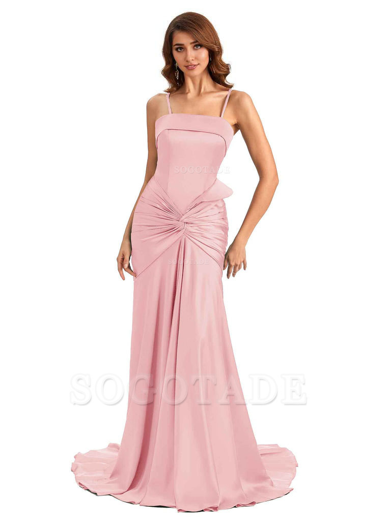 Sexy Mermaid Spaghetti Straps Silky Satin Unique Long Bridesmaid Dress For Wedding