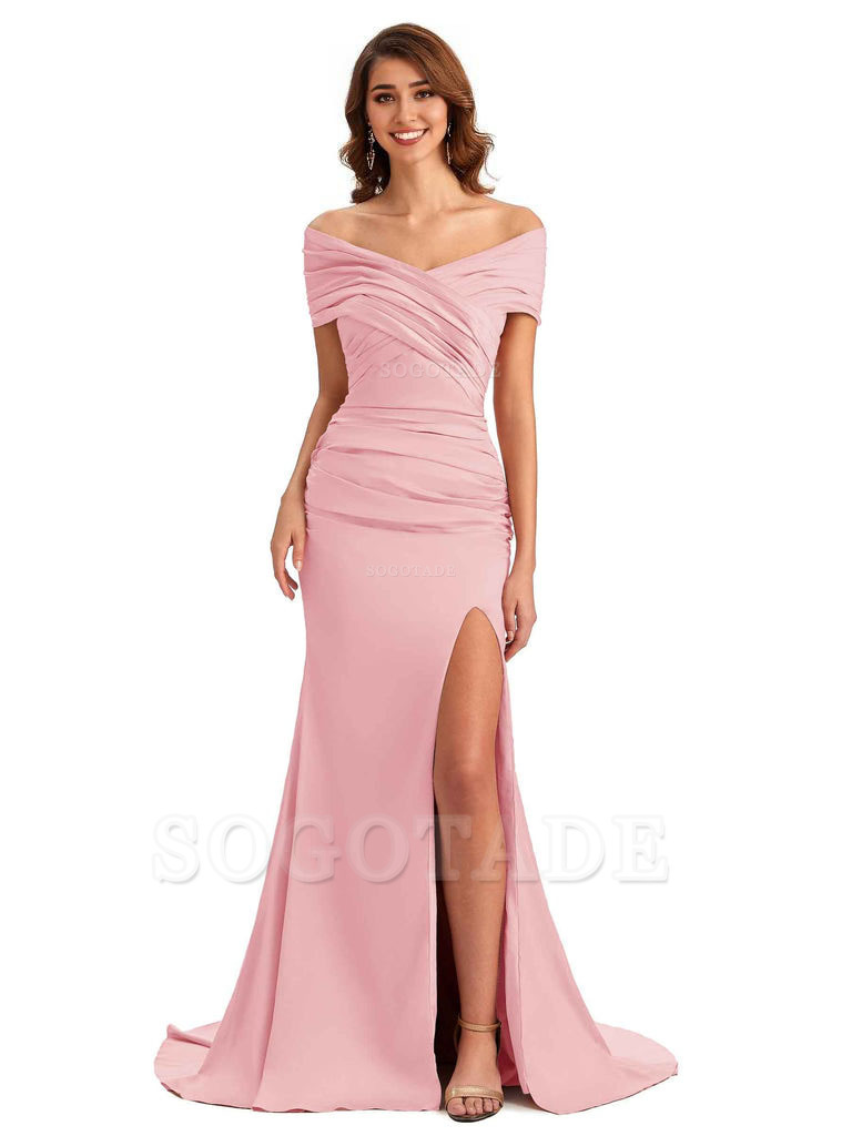 Sexy Off The Shoulder Side Slit Mermaid Satin Unique Long Formal Wedding Guest Dresses