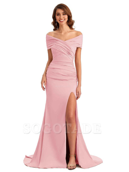 Sexy Off The Shoulder Side Slit Mermaid Satin Unique Long Formal Wedding Guest Dresses