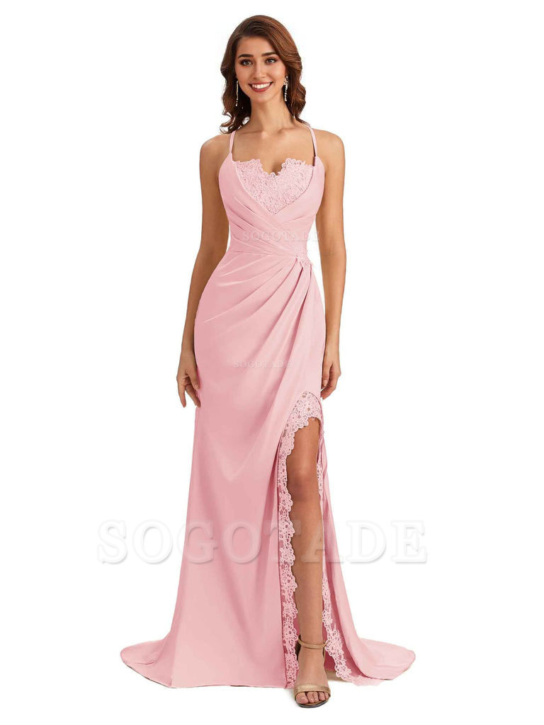 Sexy Side Slit Spaghetti Straps Lace Mermaid Silky Satin Wedding Guest Dresses