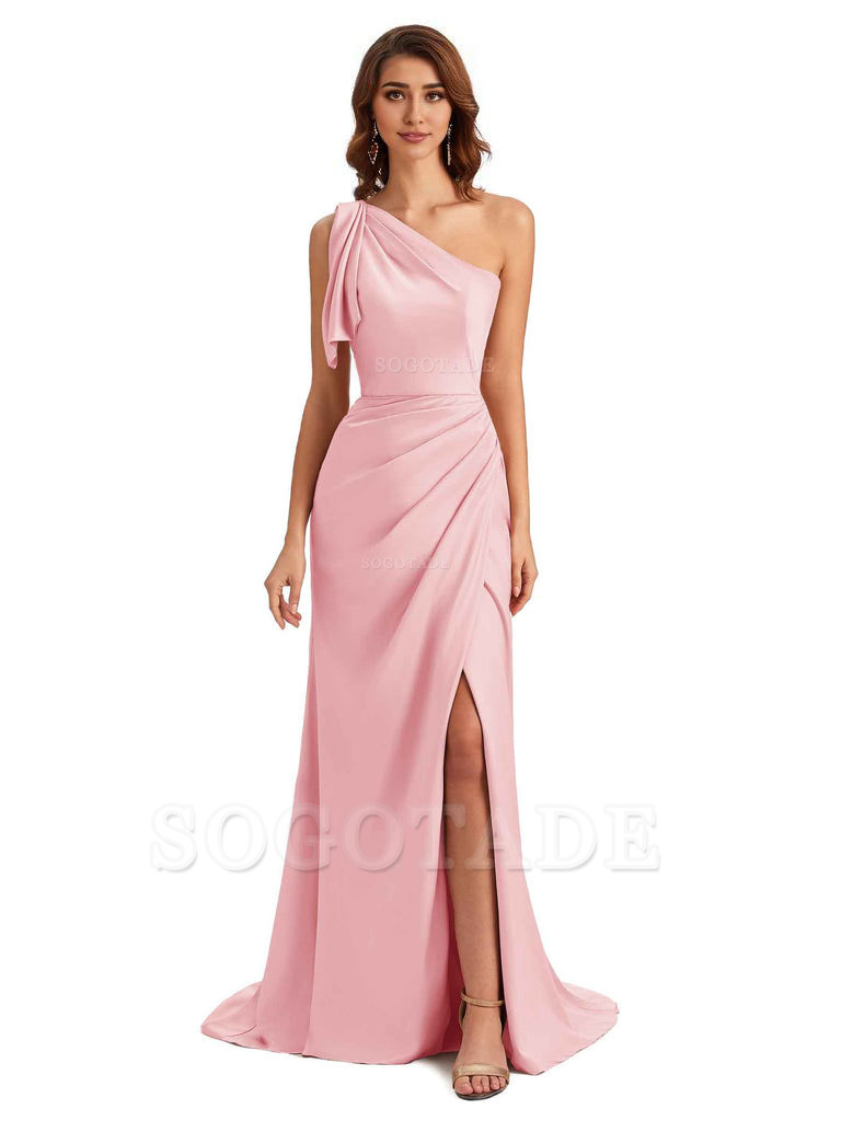 Sexy One Shoulder Mermaid Side Slit Unique Silky Satin Bridesmaid Dresses 