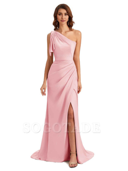Sexy One Shoulder Mermaid Side Slit Unique Silky Satin Bridesmaid Dresses 