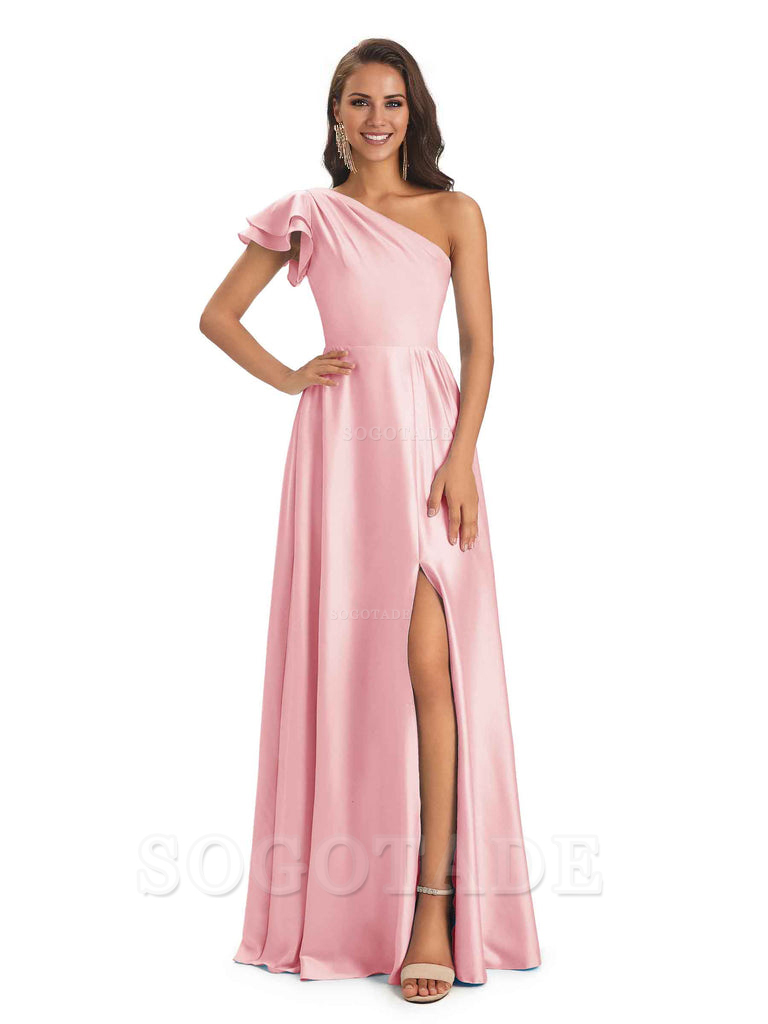 A-Line One Shoulder Ladies Long Bridesmaid Dresses Soft Satin Side Slit Elegant Evening Party Dress