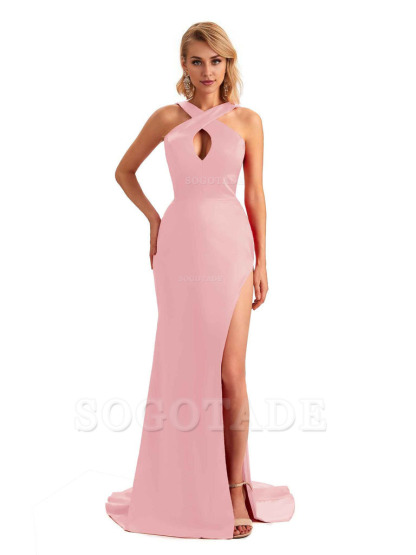 Sexy Side Slit Halter Mermaid Silky Satin Unique Long Formal Wedding Bridesmaid Dresses
