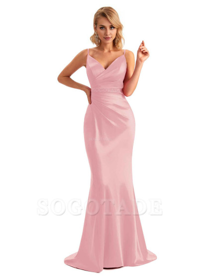  Sexy Backless Mermaid Spaghetti Straps Unique Long Formal Satin Dress For Women