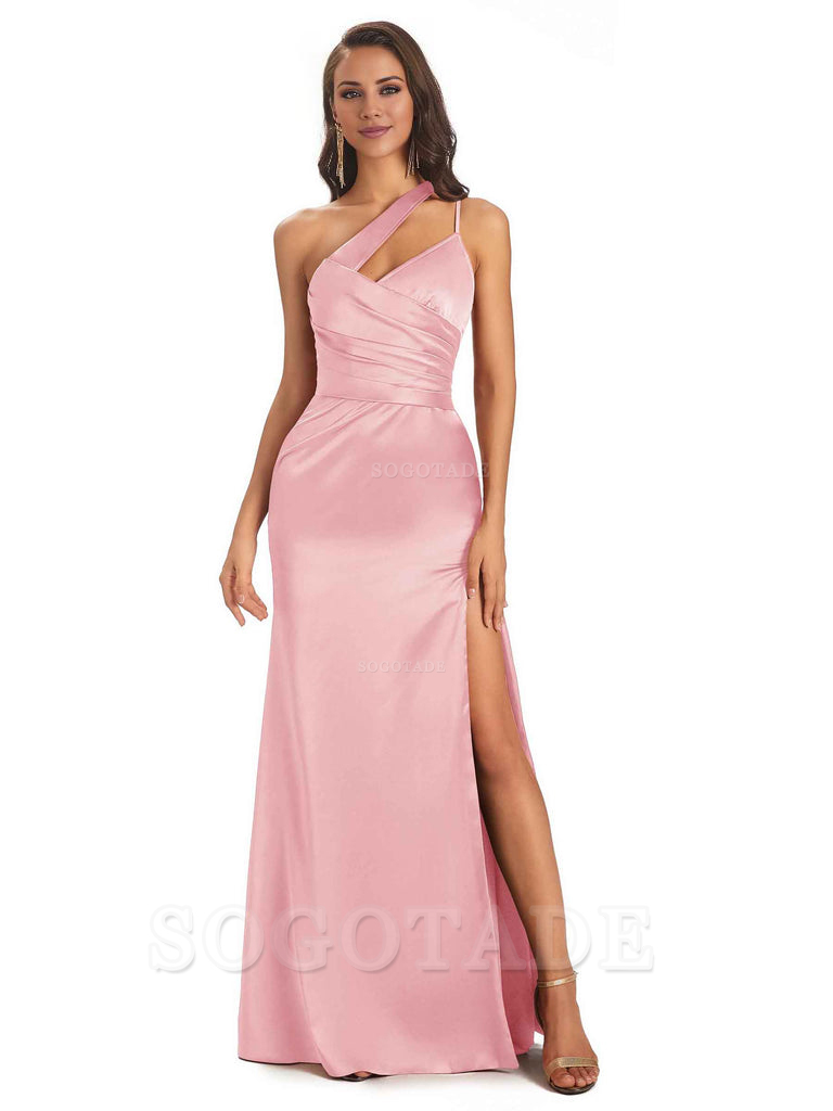 Elegant Soft Satin Side Slit One Shoulder Floor-Length Maxi Bridesmaid Dresses Evening Party Dress
