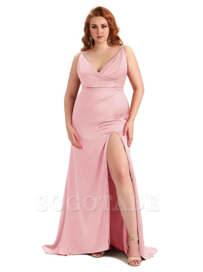 Sexy Side Slit Spaghetti Straps Mermaid Soft Satin Fashion Bridesmaid Dresses