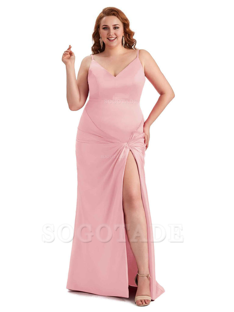 Sexy Spaghetti Straps V-neck Side Slit Mermaid Soft Satin Long Plus Size Bridesmaid Dress