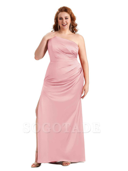 Sexy Side Slit One Shoulder Mermaid Soft Satin Long Plus Size Maid of Honour Dresses