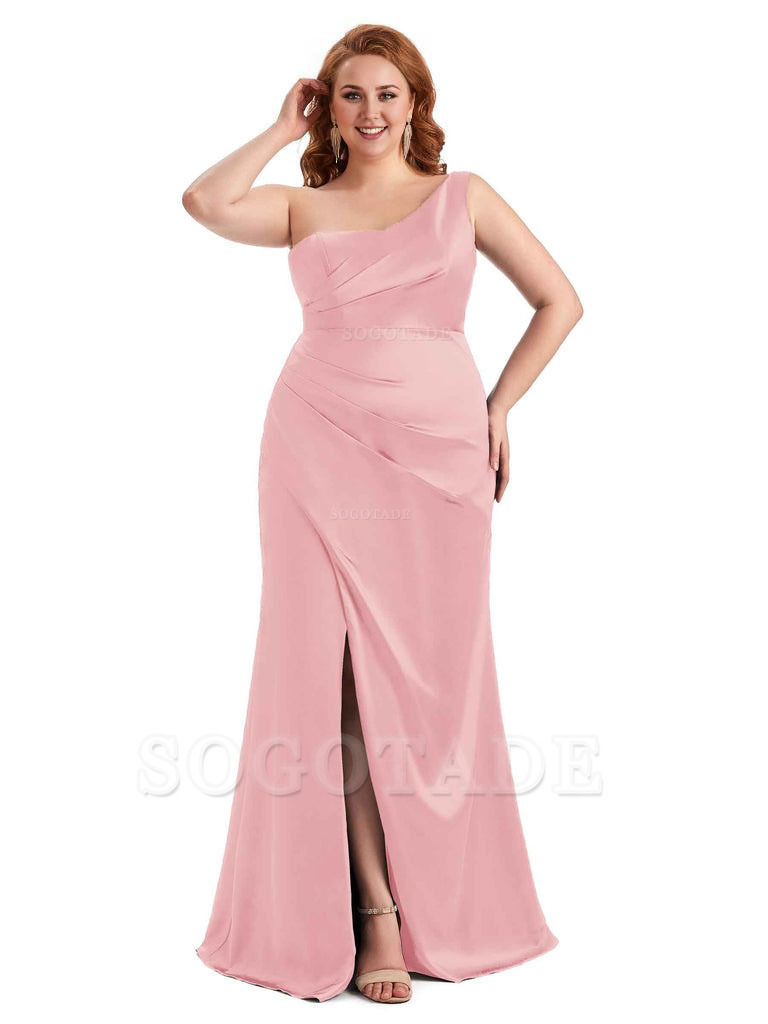 Sexy Side Slit One Shoulder Mermaid Long Plus Size Satin Maxi Dresses