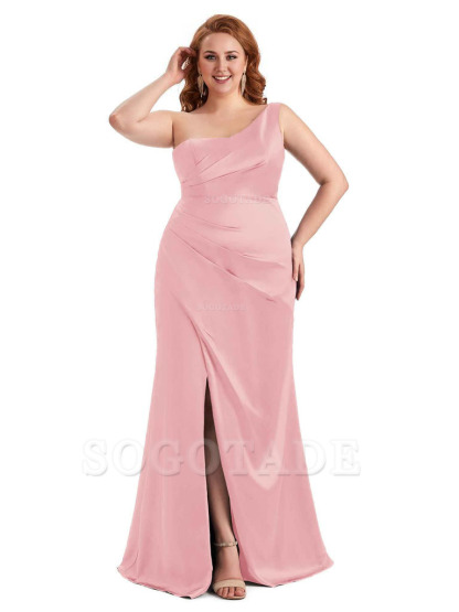 Sexy Side Slit One Shoulder Mermaid Long Plus Size Satin Maxi Dresses