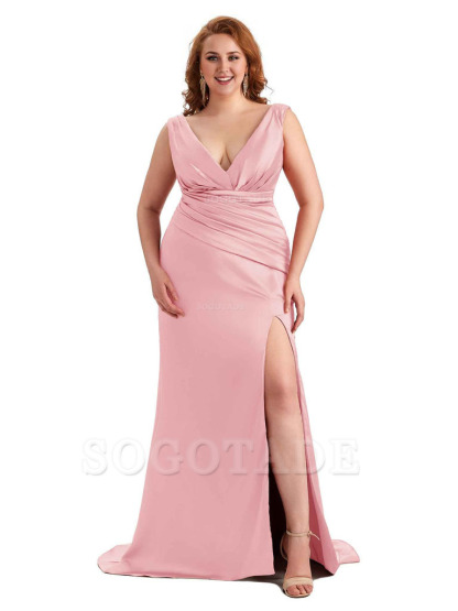 Elegant V-neck Side Slit Mermaid Soft Satin Long Plus Size Bridesmaid Dress For Wedding