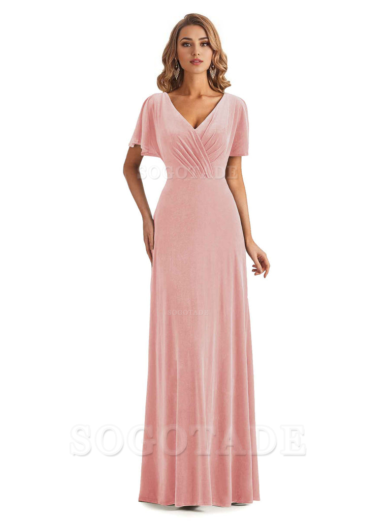 Elegant Mermaid V-neck Short Sleeves Unique Velvet Long Bridesmaid Dresses