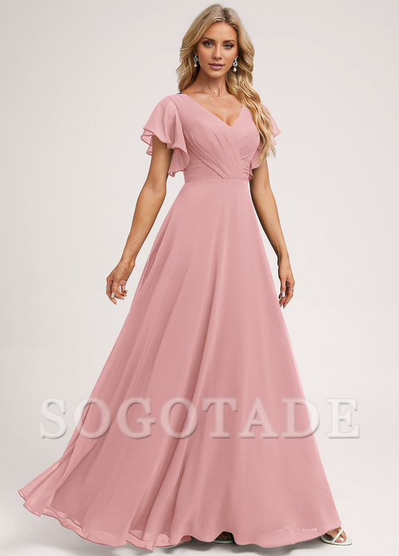 Ruffle A-line V-neck and floor chiffon bridesmaid dress