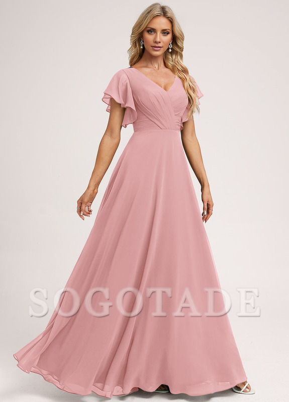 Ruffle A-line V-neck and floor chiffon bridesmaid dress