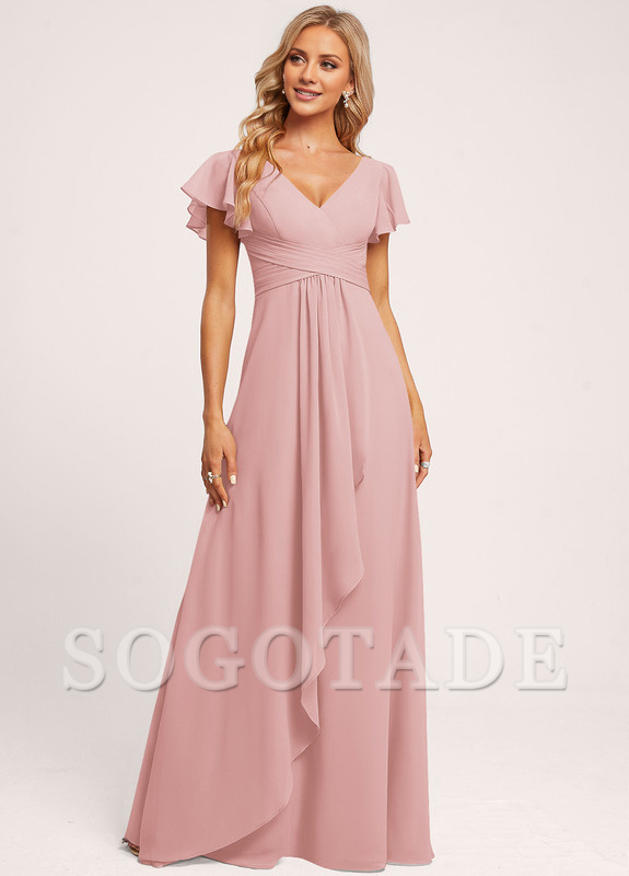 Ruffle A-line V-neck and floor chiffon bridesmaid dress