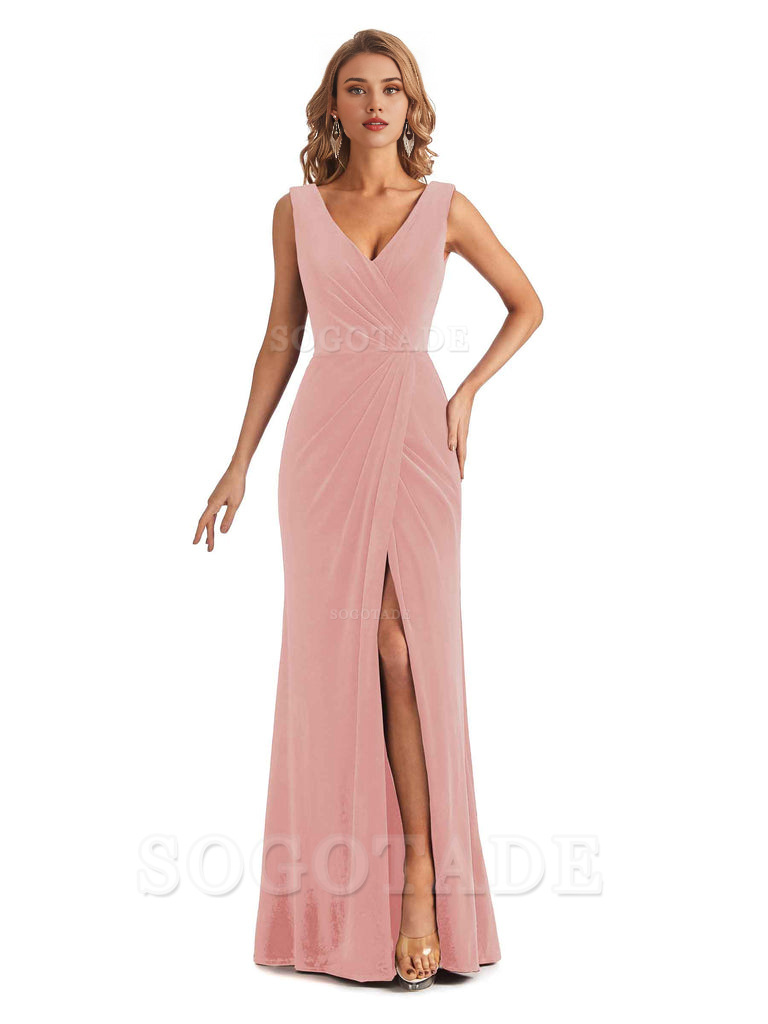 Sexy Deep V-Neck Sheath Velvet Side Slit Long Elegant Bridesmaid Dresses Formal Women's Dresses Wedding Guests Dresses