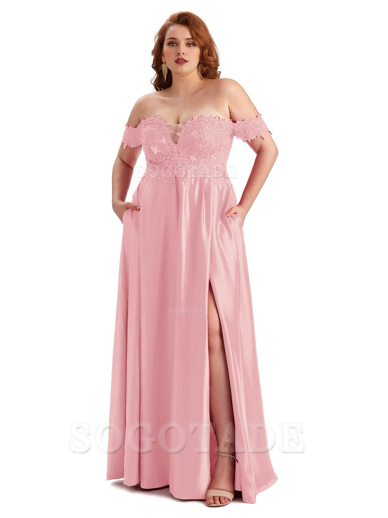 Off Shoulder Side Slit Lace Soft Satin Long Plus Size Bridesmaid Dresses For Wedding