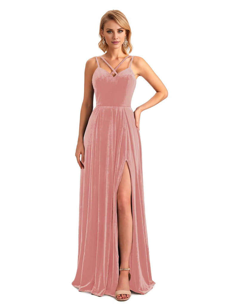 Sexy Side Slit Spaghetti Straps Unique Velvet Long Floor Length Bridesmaid Dresses Online