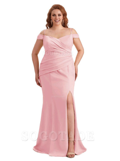 Elegant Cold Shoulder Side Slit Mermaid Soft Satin Long Plus Size Bridesmaid Gowns