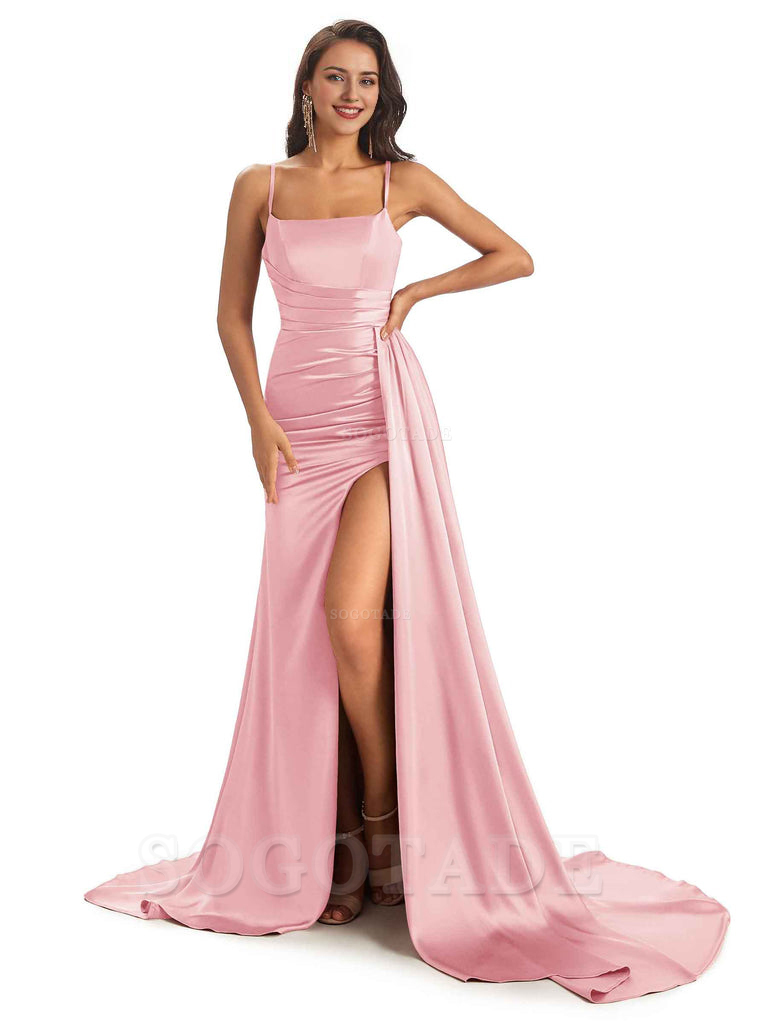Sexy Soft Satin Side Slit Spaghetti Straps Long Mermaid Bridesmaid Dresses Online prom shop dresses ﻿