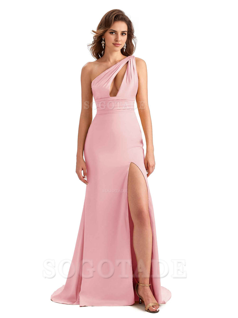 Charming Sexy Unique Side Slit Mermaid Silky One Shoulder Long Bridesmaid Dresses Formal Women's Dresses Wedding Guests Dresses