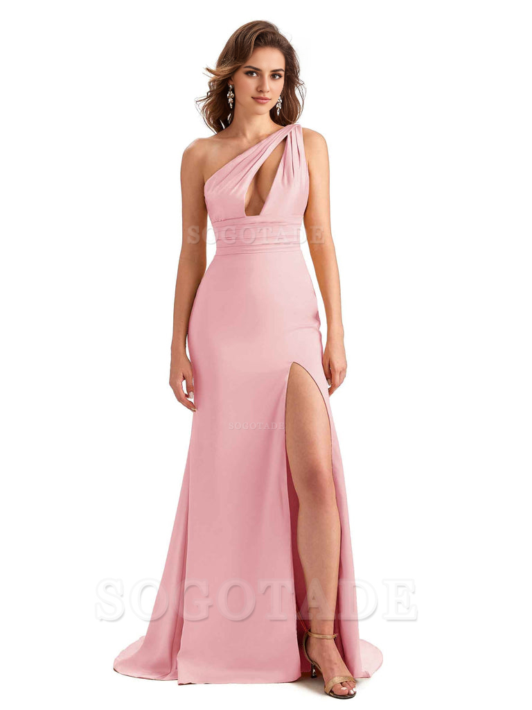 Charming Sexy Unique Side Slit Mermaid Silky One Shoulder Long Bridesmaid Dresses Formal Women's Dresses Wedding Guests Dresses