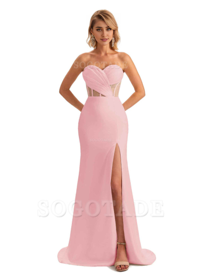 Sexy Sweetheart Strapless Side Slit Mermaid Soft Satin Unique Long Bridesmaid Dress For Wedding