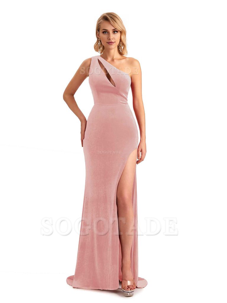 Sexy Sleeveless Floor Length Mermaid One Shoulder Side Slit Velvet Long Bridesmaid Dresses