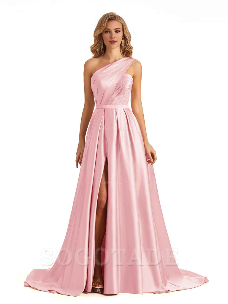 Sexy Side Slit One Shoulder A-Line Soft Satin Long Bridesmaid Dresses Online prom dress in store