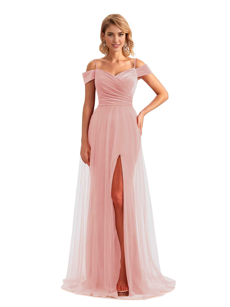 Elegant Mermaid Spaghetti Straps Floor Length Cold Shoulder Side Slit Tulle Velvet Long Bridesmaid Dresses