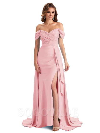 Sexy Side Slit Mermaid Soft Satin Off The Shoulder Long Unique Bridesmaid Dresses prom dress in store