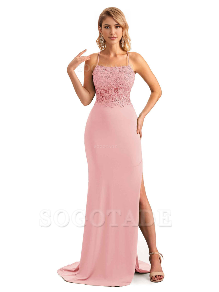 Sexy Side Slit Spaghetti Straps Open Back Mermaid Lace Applique Long Formal Bridesmaid Dresses