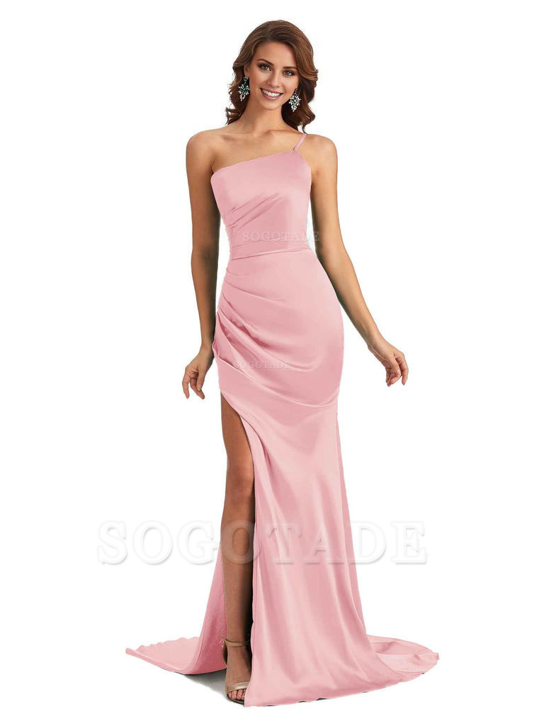 Sexy Silky Satin Side Slit One Shoulder Unique Long Wedding Guest Maxi Dresses